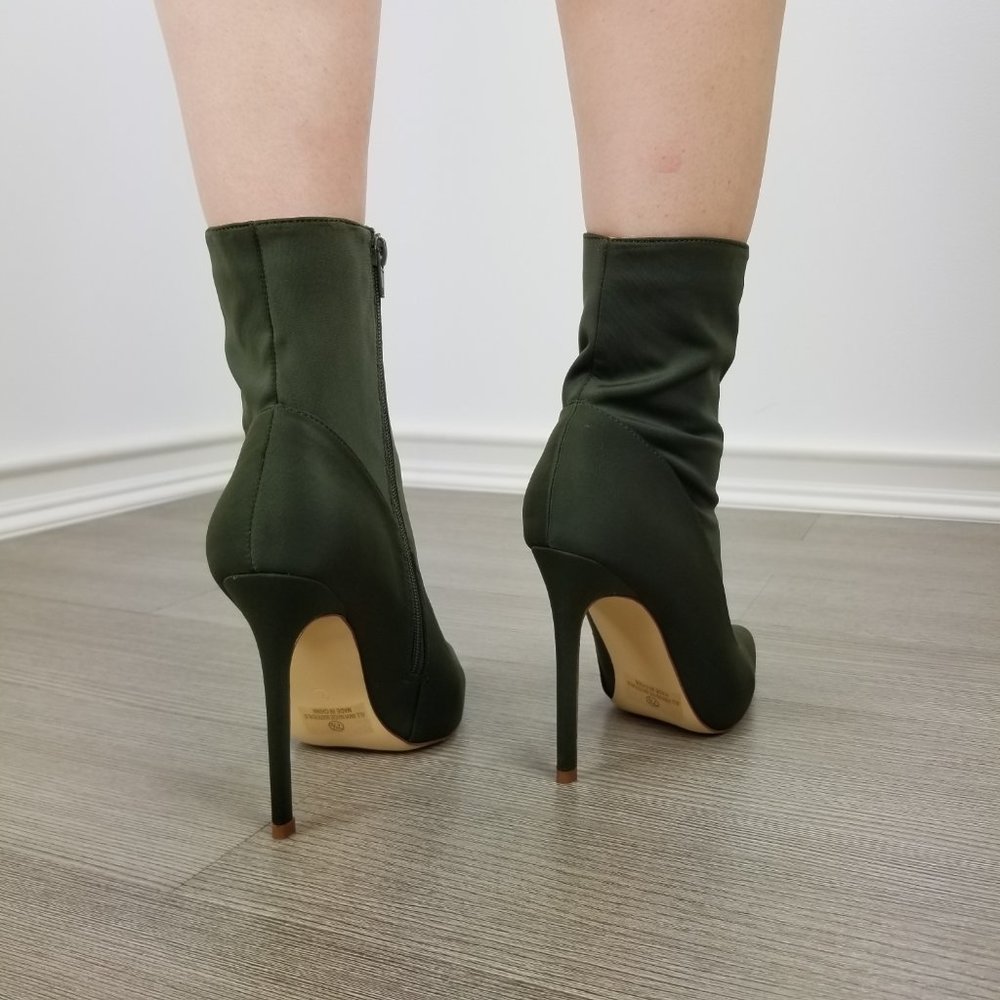 Olive Pointy Toe Sexy Stiletto Ankle Sock Boots - Picture 7 of 11